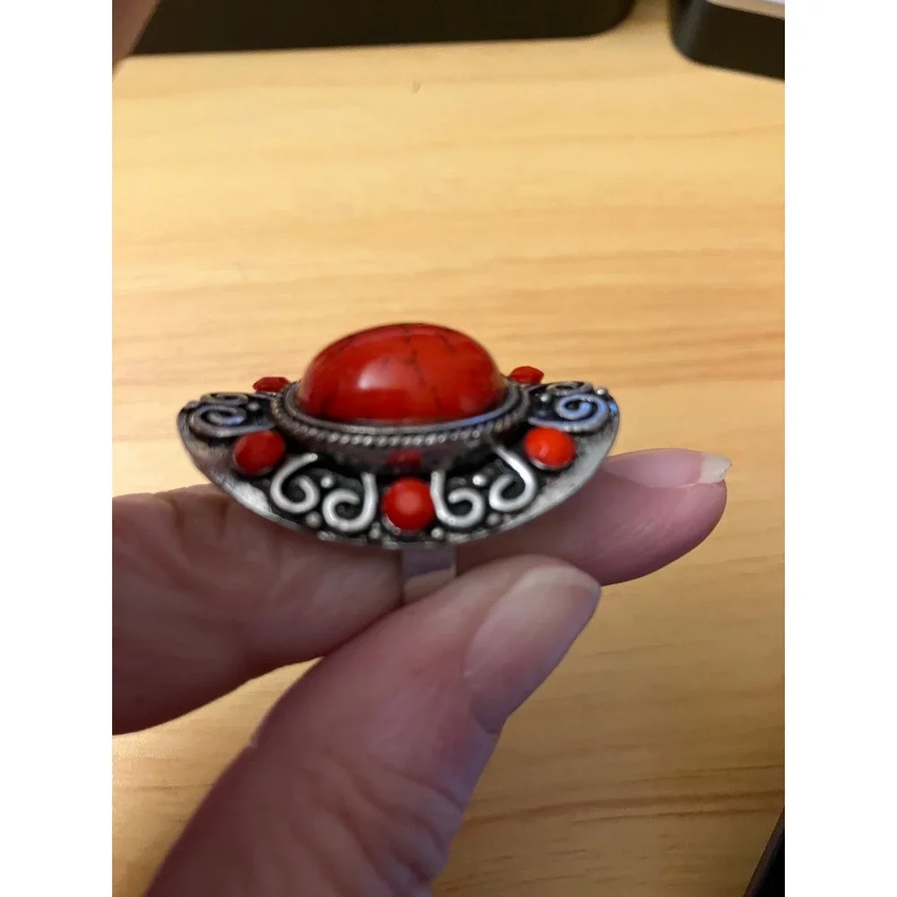 Red Faux Turquoise Statement Ring Silver Tone Adjustable Southwestern Boho Oval